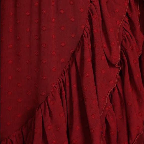 NWT Lulus Have Harmony Burgundy Swiss Dot Ruffled Faux Wrap Midi Dress - Picture 4 of 9